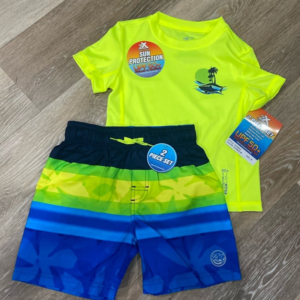 NEW ZeroXposur boys 2pc swim shirt with trunks SPF 50, yel/blue, sizes 4, 5/6, 7